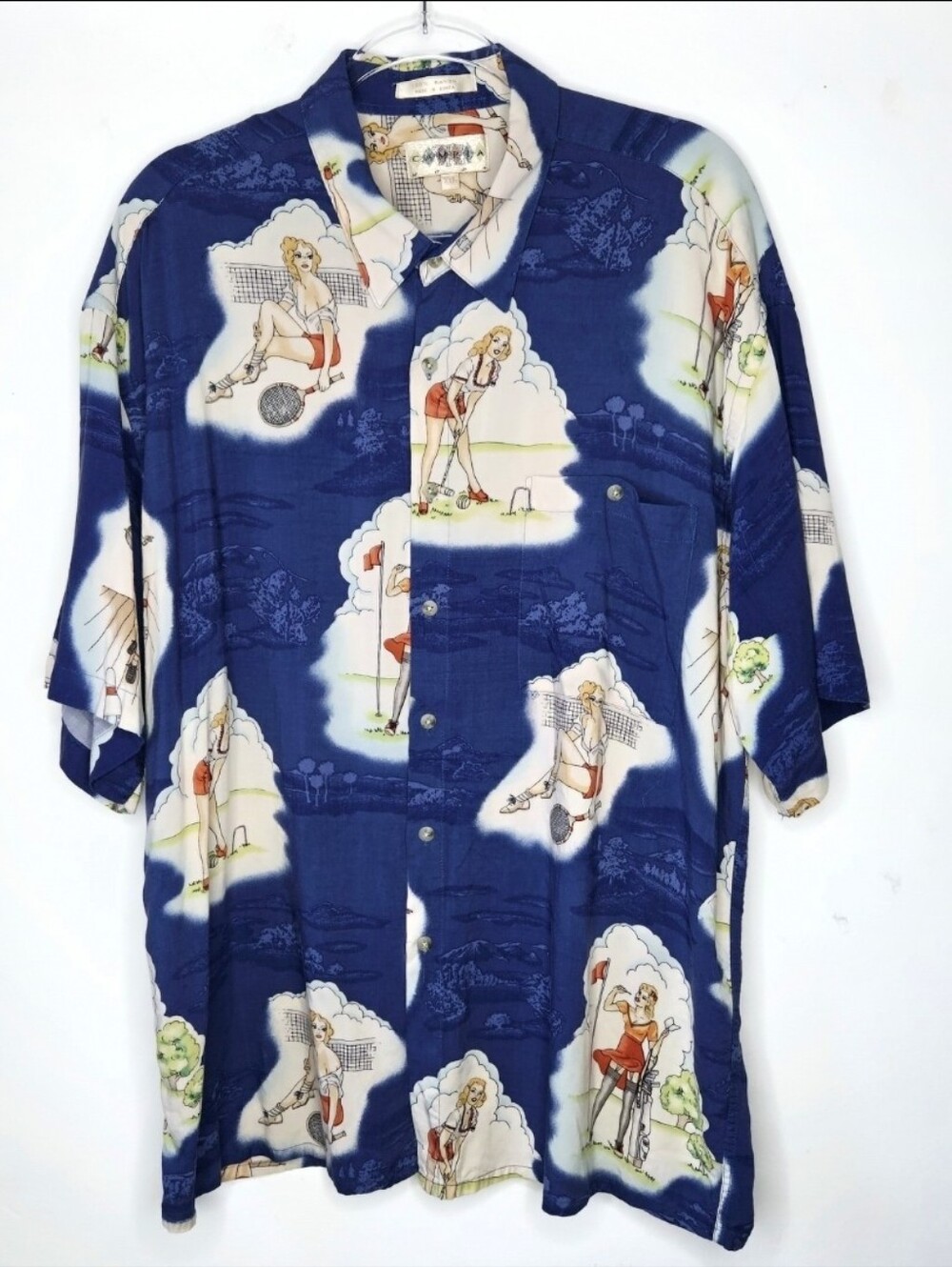 Vintage Campia Moda Pin Up Girl Hawaiian Shirt Size XXL Tennis Sports Golf